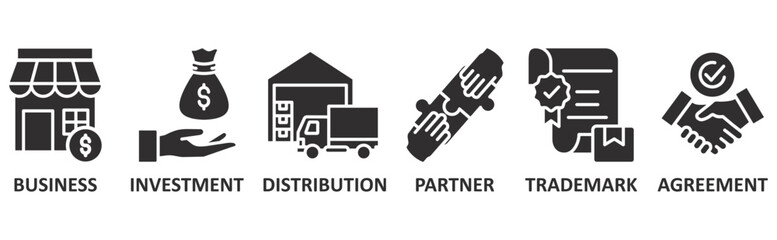 Franchise icon set illustration concept with icon of business, investment, distribution, partner, trademark, agreement	