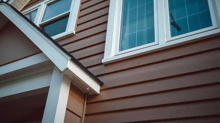 Obraz premium Brown Horizontal Siding, White Trim, and Window Detail on House Exterior