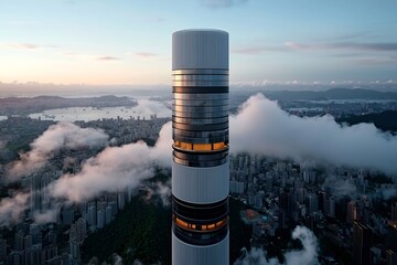 Sleek and sophisticated high rise tower with innovative anti seismic damping mechanisms and efficient energy saving features offering breathtaking panoramic views of the dynamic urban landscape below