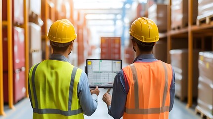 warehouse workers using laptop inventory - e-commerce logistics