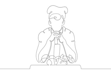 A chef in a cap with a large knife. Cook cuts the vegetables. One continuous drawing line  logo single hand drawn art doodle isolated minimal illustration.