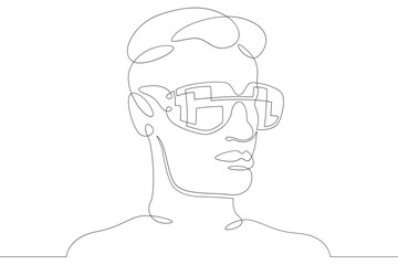 Male character head wearing augmented reality glasses. High tech gaming industry. Mobile technologies of education. One continuous drawing line  logo single hand drawn art doodle isolated minimal 