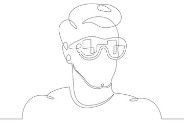 Male character head wearing augmented reality glasses. High tech gaming industry. Mobile technologies of education. One continuous drawing line  logo single hand drawn art doodle isolated minimal 