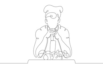 A chef in a cap with a large knife. Cook cuts the vegetables. One continuous drawing line  logo single hand drawn art doodle isolated minimal illustration.