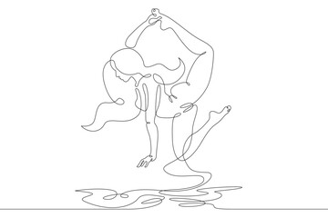 The female character levitates in the air. Beautiful pose of a slender sports girl. One continuous drawing line  logo single hand drawn art doodle isolated minimal illustration.