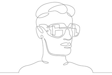 Male character head wearing augmented reality glasses. High tech gaming industry. Mobile technologies of education. One continuous drawing line  logo single hand drawn art doodle isolated minimal 