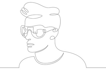 Male character head wearing augmented reality glasses. High tech gaming industry. Mobile technologies of education. One continuous drawing line  logo single hand drawn art doodle isolated minimal 