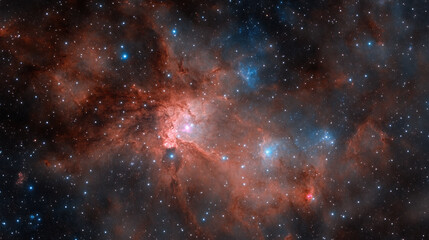 Obraz premium Captivating view of a nebula with red and blue cosmic dust formations and stars