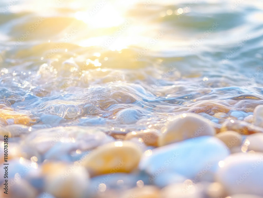 Poster gentle waves lap against smooth pebbles, creating serene coastal scene. sunlight glimmers on water s