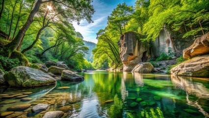 Fototapeta premium Serene River Rock Formation Landscape Photography - Lush Green Trees, Crystal Clear Water, Natural Beauty