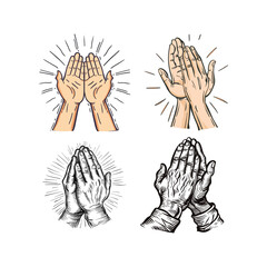 Praying hands engraving design vector template illustration