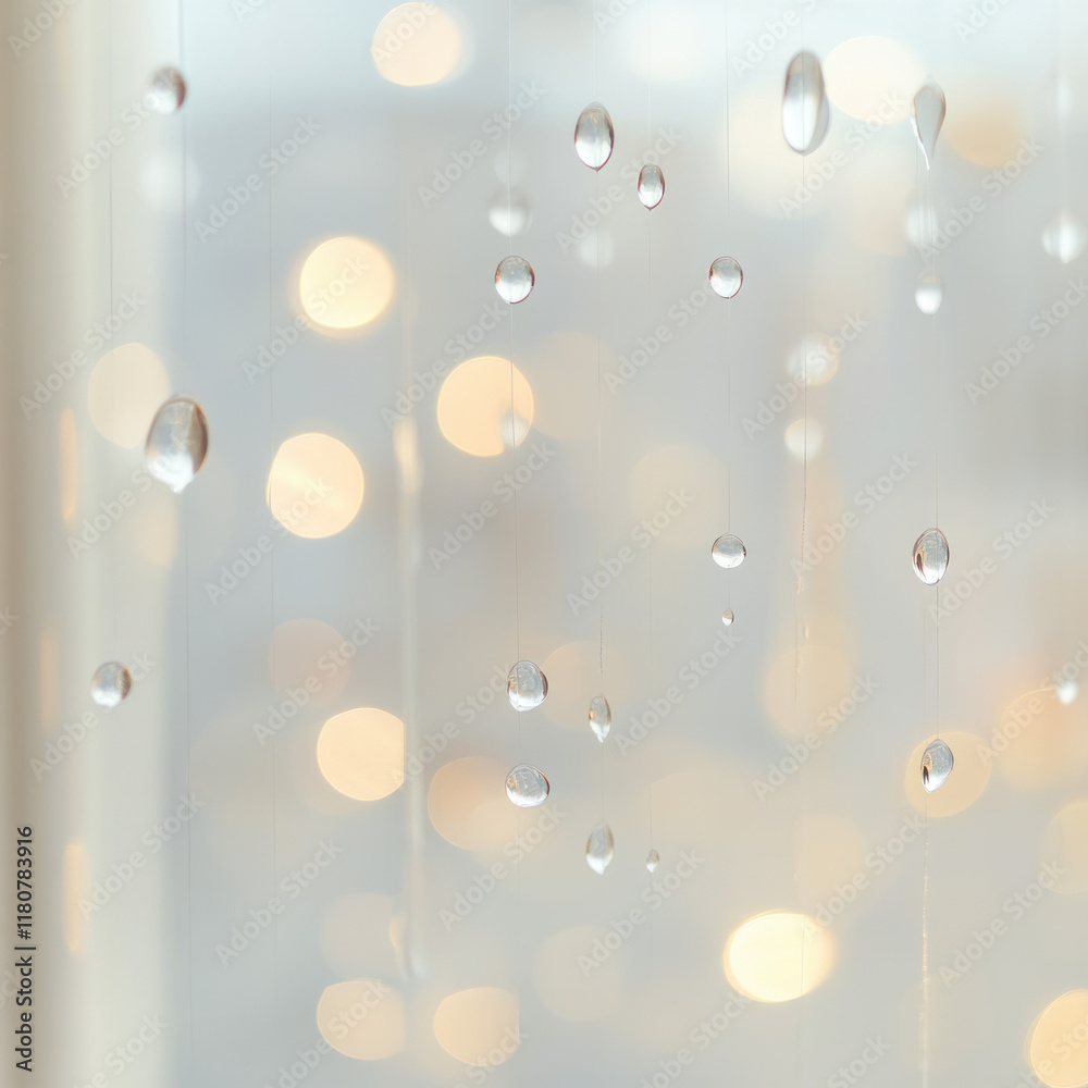 Poster delicate water droplets hang gracefully, reflecting soft bokeh lights in background, creating serene