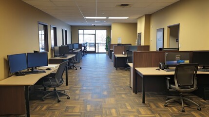 Tech-focused workspace with monitors, ergonomic chairs, and a streamlined layout, 