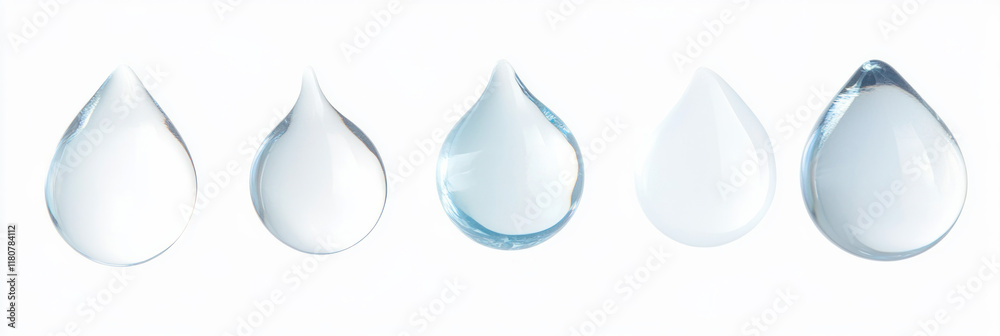 Poster clear water droplets in various shapes on white background, showcasing their unique forms and reflec