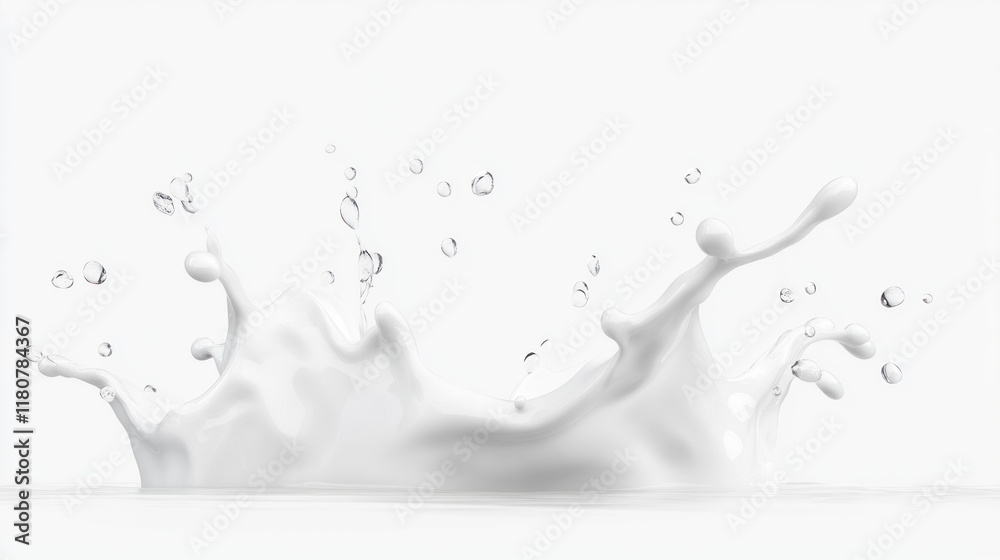 Poster splashing white liquid creates dynamic droplets in clean background. energetic movement captures ess