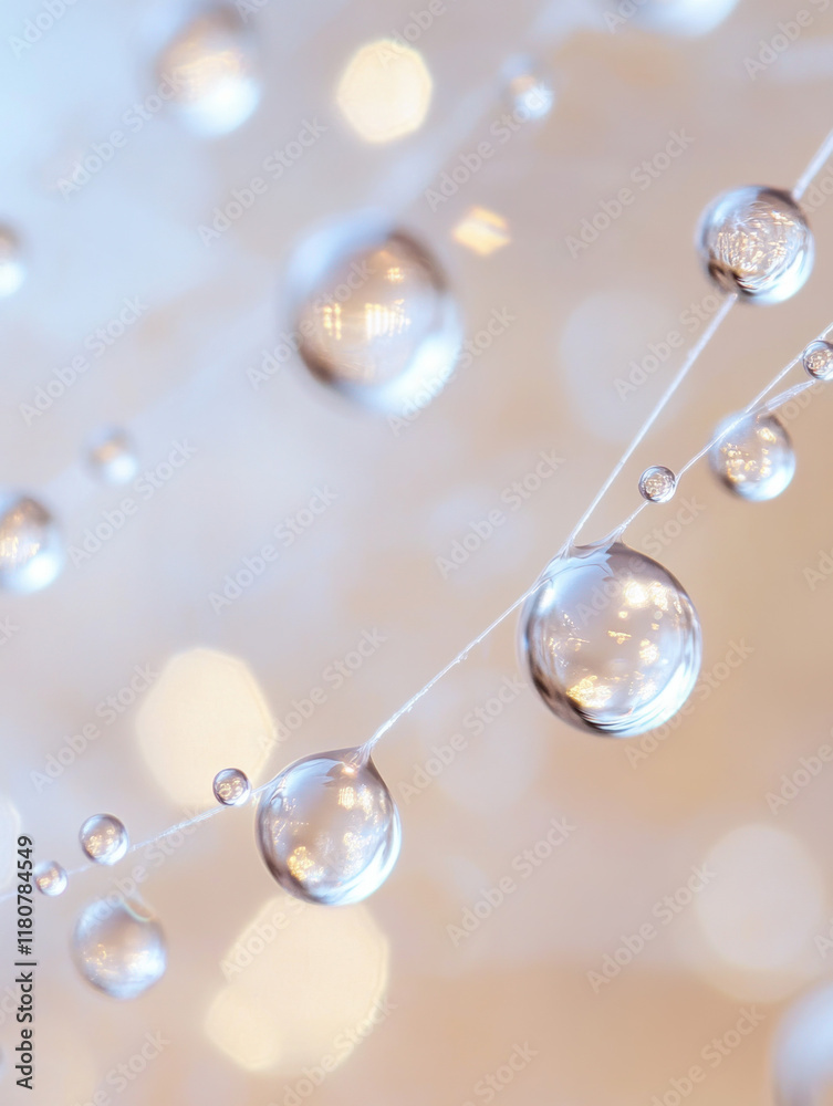 Aufkleber Delicate water droplets hang on thread, creating beautiful bokeh effect. soft background enhances clarity of each droplet, evoking tranquility