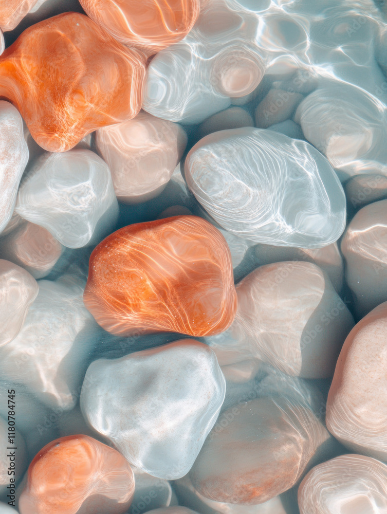 Poster Smooth pebbles in water create serene and tranquil scene with reflections