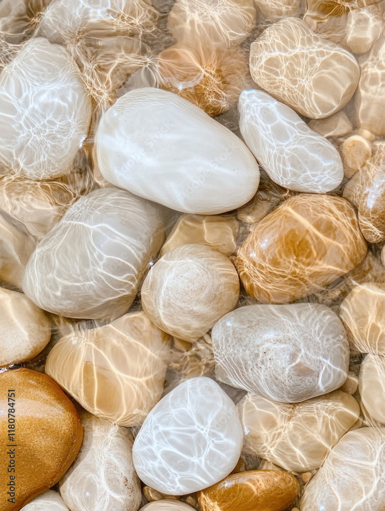 Poster smooth pebbles in clear water create serene and tranquil scene. light reflects beautifully on stones