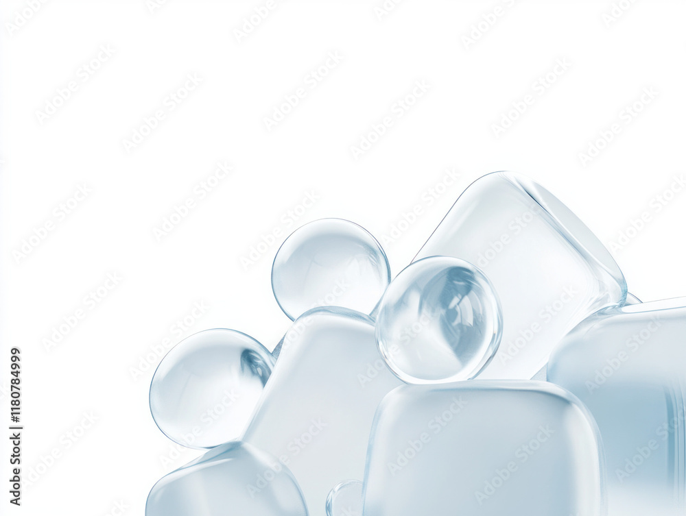 Poster Clear ice cubes and spheres stacked together on white background, creating refreshing and cool visual effect