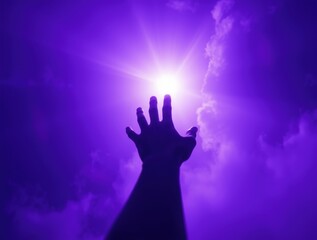 An ethereal image depicting Reaching for the Sky, bathed in deep ultraviolet hues, a light aura, and a mystical vibe, with vivid purples and high contrast