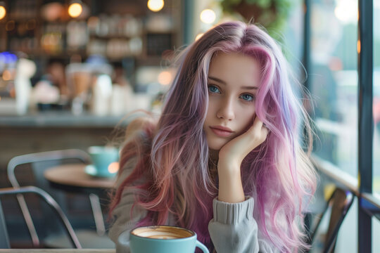 Happy young fashionable woman drink coffee in cafe on weekend. Relaxation, lifestyle concept