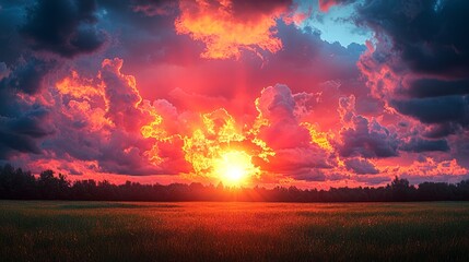 Fototapeta premium Vibrant sunset over a field with dramatic clouds.