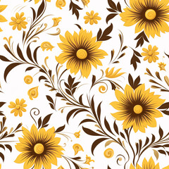 Bright Yellow Floral Pattern with Swirling Vines and Delicate Flowers in a Seamless Design for Elegant Textile or Wallpaper Applications