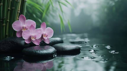 Serene Pink Orchid Reflection on Black Spa Stones with Bamboo in Water