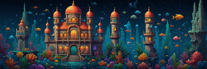 Obraz premium Illustration of a pixel art underwater mermaid palace, with coral pillars, shimmering bubbles, treasure chests, and schools of colorful fish, perfect for aquatic-themed games.
