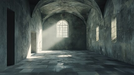 Fototapeta premium Sunlit Old Stone Room, Dungeon, Gothic Architecture, Mystery, Background
