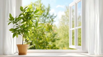 Fototapeta premium Sleep quality hygiene concept. A potted plant by an open window with a view of greenery outside.