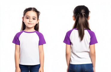 girl wearing a white and purple short-sleeve raglan t-shirt mockup front and back used as design template