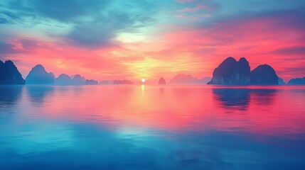 Vibrant sunset over calm water, reflecting pink and blue hues on the surface, with silhouetted islands in the distance.