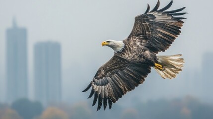 Fototapeta premium Majestic bald eagle in flight over city skyline.