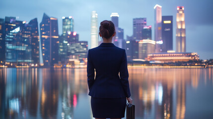 Ambitious Businesswoman Overlooking Modern City Skyline at Night, Symbolizing Leadership and Global Vision. Image made using Generative AI.