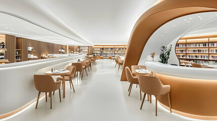 Modern cafe interior, bookshelves background, elegant dining, calm atmosphere, restaurant design.