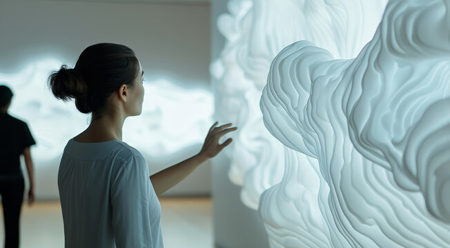 Mineral-producing biofilm art installation, interactive sculpture, gallery setting, people touching the evolving structure