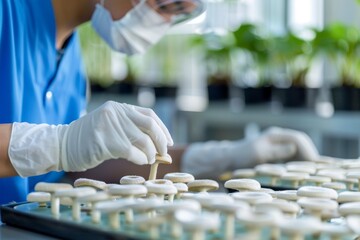 A researcher in protective gear harvesting fresh white mushrooms in a laboratory greenhouse, showcasing precision agriculture and sustainable farming methods.