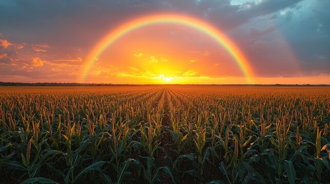 Vibrant sunset rainbow over vast cornfield. - Powered by Adobe