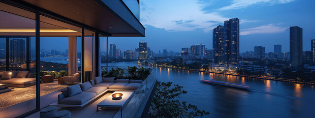 Stunning skyline view from contemporary penthouse balcony at twilight with minimalist design and city lights