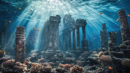 an underwater temple in the middle of the ocean with fish swimming in front of it
