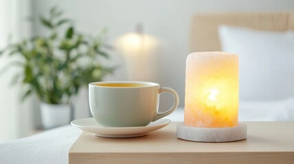 Sleep quality hygiene concept. Cozy scene with a cup of tea and a glowing candle on a wooden table.