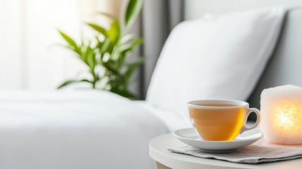 Fototapeta premium Sleep quality hygiene concept. Cozy bedroom scene with a cup of tea and a candle on a bedside table.