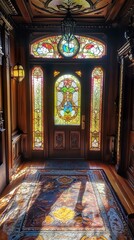 Obraz premium Grand Victorian Mansion Entrance with Stained Glass
