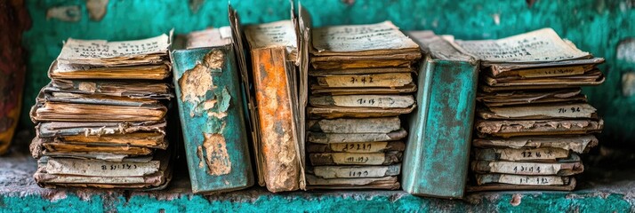 A collection of worn, vintage books stacked on a shelf, showcasing age and history.
