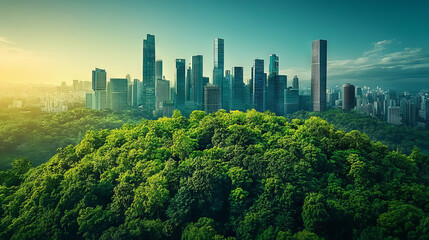 City, skyscraper among green forest, ecosystem, Generative AI