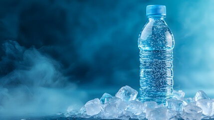 Refreshing bottled water on ice indoor studio beverage photography cool atmosphere close-up perspective hydration concept