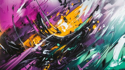 Dynamic graffiti shapes merging with chaotic streaks of vivid purple, green, and yellow tones
