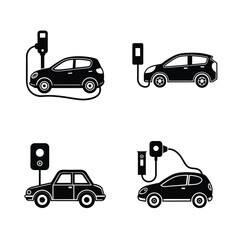 A set of electric car cherging vector silhouette