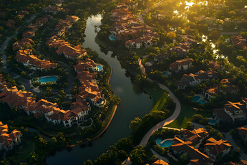 Aerial view of a picturesque residential area with winding waterways and lush greenery.